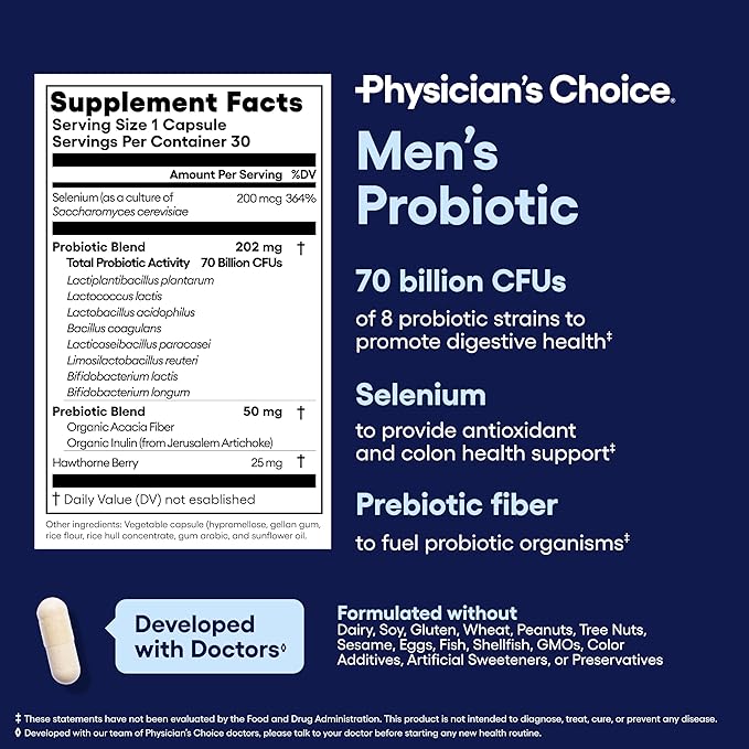 Physician's Choice Probiotics for Men - 70 Billion CFU - 8 Strains - w/Selenium & Organic Prebiotics - Supports Digestive Health, Microbiome, Colon, & Immune Health - Advanced Men's Probiotic - 30ct