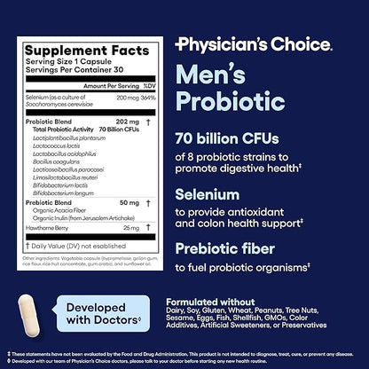 Physician's Choice Probiotics for Men - 70 Billion CFU - 8 Strains - w/Selenium & Organic Prebiotics - Supports Digestive Health, Microbiome, Colon, & Immune Health - Advanced Men's Probiotic - 30ct