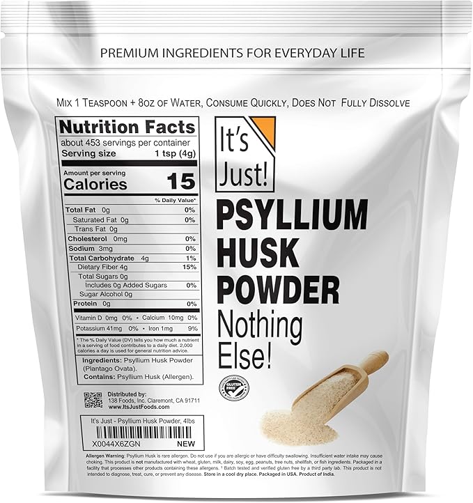 It's Just! - Psyllium Husk Powder, Easy Mixing Dietary Fiber, Cleanse Your Digestive System, Finely Ground Powder, Ideal for Keto Baking, Non-GMO (4 Pound (Pack of 1), Natural/No Added Flavor)