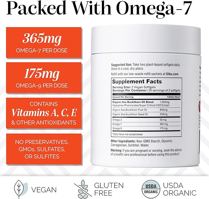 sibu Omega-7 Softgels, Premium Organic Himalayan Sea Buckthorn Oil (60ct, 30 Day Supply) – Supplement for Healthy Skin, Hair, Nails and Dryness