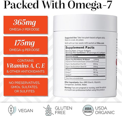 sibu Omega-7 Softgels, Premium Organic Himalayan Sea Buckthorn Oil (60ct, 30 Day Supply) – Supplement for Healthy Skin, Hair, Nails and Dryness