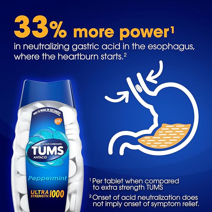 TUMS Ultra Strength Chewable Antacid Tablets for Heartburn Relief, Peppermint - 72 Count