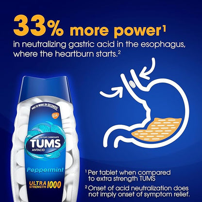 TUMS Ultra Strength Chewable Antacid Tablets for Heartburn Relief, Peppermint - 160 Count