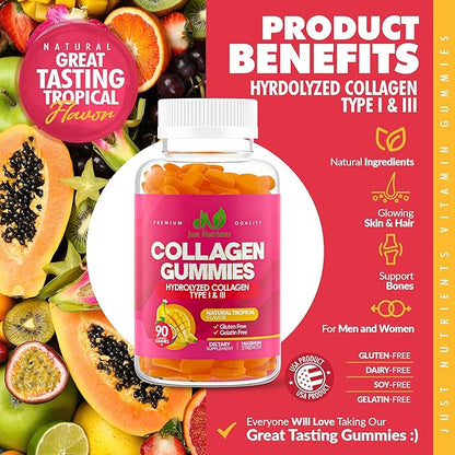 Collagen Gummies for Women & Men (90 Count) - Premium Hydrolyzed Collagen Type I & III for Hair, Skin & Nails Support - Great Tasting Tropical Flavor, Gluten-Free, Non-GMO - 90 Gummies (45 Servings)