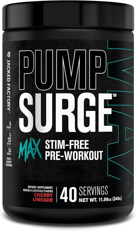 Jacked Factory Pumpsurge Max Stim Free Pre Workout - High-Performance Caffeine Free Pre Workout with L-Citrulline, N03-T Arginine Nitrate & Glutathione - 40 Servings, Cherry Limeade