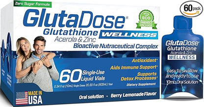 GlutaDose Liquid Glutathione Supplement, Every Day Immune Support Supplements for Adults, Cellular Detox, Antioxidant - Acerola Energy Booster w/Zinc, L-Glutathione Supplement in Liquid Vials - 60PK
