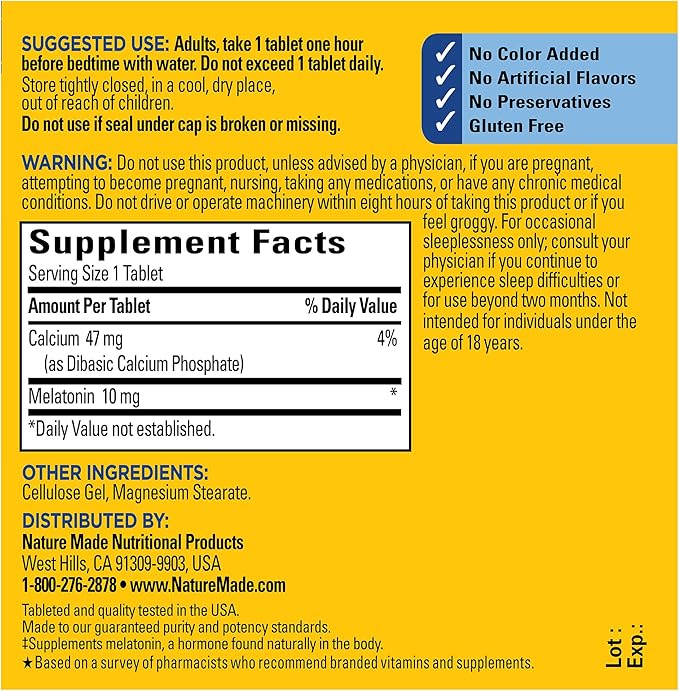 Nature Made Melatonin 10mg Extra Strength Tablets, Dietary Supplement for Restful Sleep, 30 Count, 30 Day Supply