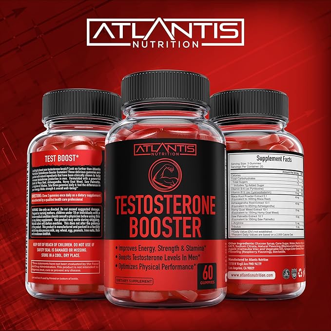 Atlantis Nutrition Testosterone Booster Gummies For Men - Enhances Strength & Stamina - Optimizes Performance & Male Enhancement - Made With Tribulus, Horny Goat Weed, Maca Root | 2-Pack (120 Gummies)