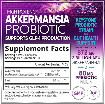 Akkermansia Probiotic GLP-1 Supplement with Prebiotic Fiber - Akkermansia Muciniphila Supports GLP1 Production - Digestive & Gut Health Support - 2 Billion AFU, Delayed Release - 60 Capsules