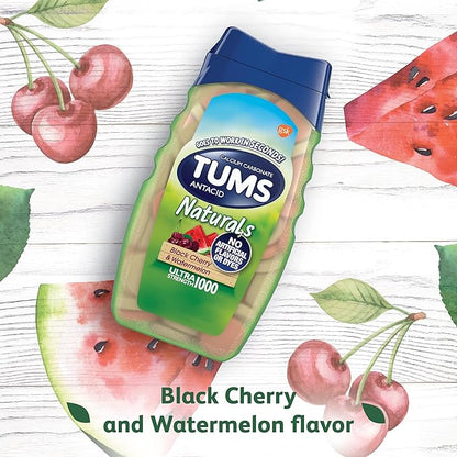 TUMS Naturals Ultra Strength Antacid Chews for Heartburn Relief, Black Cherry & Watermelon - 56 Count (Pack of 2)