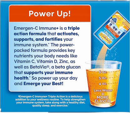 Emergen-C Immune+ Triple Action Immune Support Powder, BetaVia (R), 1000mg Vitamin C, B Vitamins, Vitamin D and Antioxidants, Super Orange – 50 Count