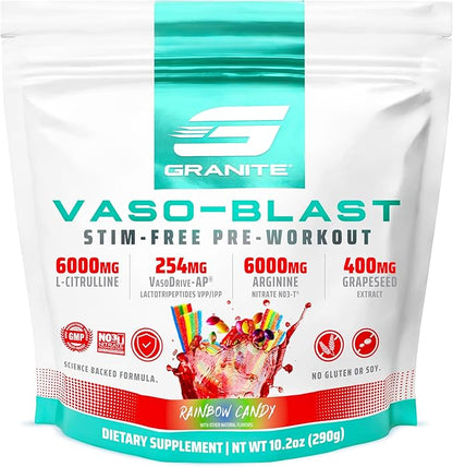 Granite Supplements Vaso Blast, Rainbow Candy Flavor, Stimulant-Free Pre Workout for Men & Women with Grapeseed Extract, Arginine Nitrite, & VasoDrive-AP for Max Pump (20 Servings)