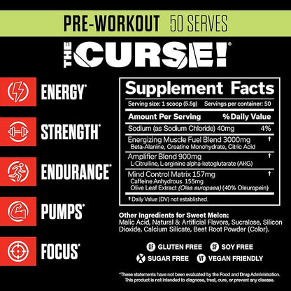 JNX Sports The Curse! Pre Workout Powder for Men & Women, Caffeine, Beta-Alanine, Creatine, L-Citrulline, 50 Servings, Sweet Melon Flavor – Boost Energy, Strength & Focus