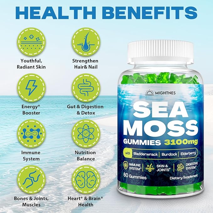 Sea Moss Gummies, 3100mg Irish True Sea Moss Seamoss Gummies for Women & Men with Bladderwrack, Burdock Root, Elderberry Vitamin C and Zinc for Detox Cleanse, Immune, Skin, Digestive, Organic, 120Ct