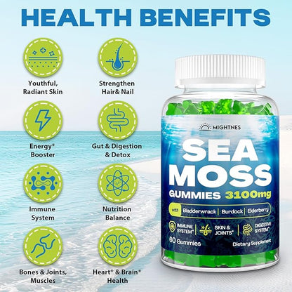Sea Moss Gummies, 3100mg Irish True Sea Moss Seamoss Gummies for Women & Men with Bladderwrack, Burdock Root, Elderberry Vitamin C and Zinc for Detox Cleanse, Immune, Skin, Digestive, Organic, 120Ct