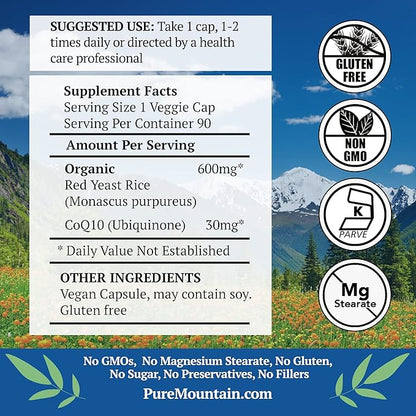Pure Mountain Botanicals Red Yeast Rice with CoQ10 90 Kosher Vegan Capsules Now with 600mg Organic Red Rice Yeast Plus Co Q 10