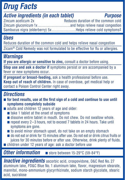Zicam Cold Remedy Zinc RapidMelts, Elderberry Citrus Flavor, Homeopathic, Cold Shortening Medicine, Shortens Cold Duration, 25 Count