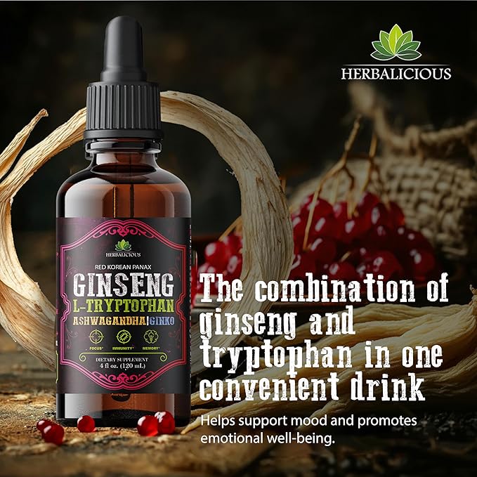 Ginseng L-Tryptophan Liquid - Ashwagandha, Ginkgo, Red Korean Panax - Drops Dietary Supplement Natural Stress Relief, Mood Booster, Sleep Aid & Calming Support - Non-GMO Vegetarian Formula (4 fl oz )