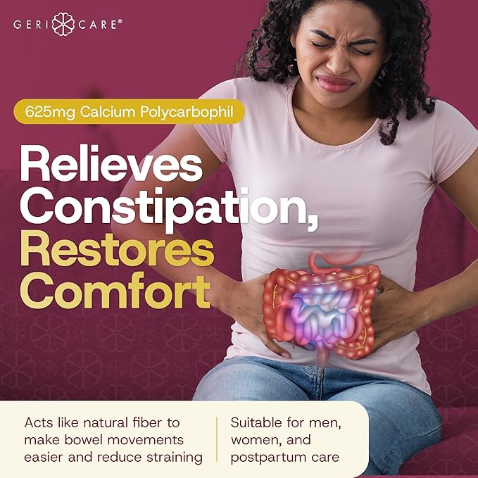 GeriCare Fiber Laxative - 625mg Calcium Polycarbophil Fiber Supplement for Women and Men - Gentle Effective OTC Relief for Constipation and Hemorrhoids - Insoluble Fiber Caplets (90 Count)