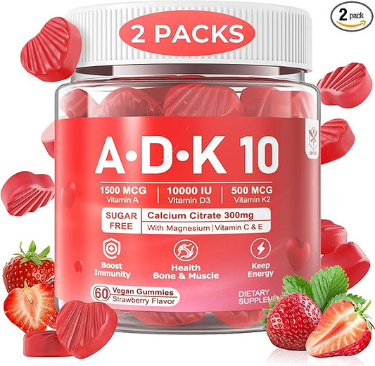 Vitamin D3 10000 IU + K2 (MK7) 500mcg + A 5000IU Gummies w/ Magnesium Calcium for Women & Men, Vegan K2 D3 Vitamin Supplement (Made in USA) for Stronger Bone, Muscle, Vision, Immune, Sugar Free 2Packs