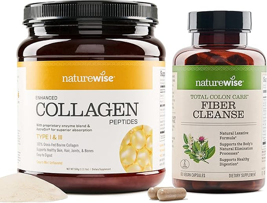 NatureWise Enhanced Collagen Peptides (45 Servings) - Hydrolyzed Type I & III + NatureWise Total Colon Care Fiber Cleanse with Herbal Laxatives, Prebiotics, & Digestive Enzymes