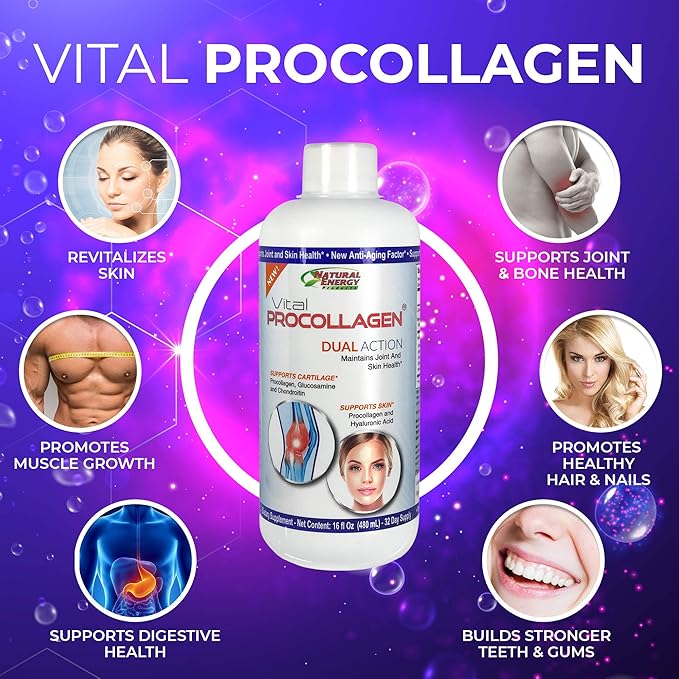 Natural Energy Vital Procollagen - Liquid Hydrolyzed Collagen Protein with Hyaluronic Acid and Glucosamine Chondroitin Sulfate Anti-Aging Factor for Men and Women 16oz |New Snickerdoodle Flavor|