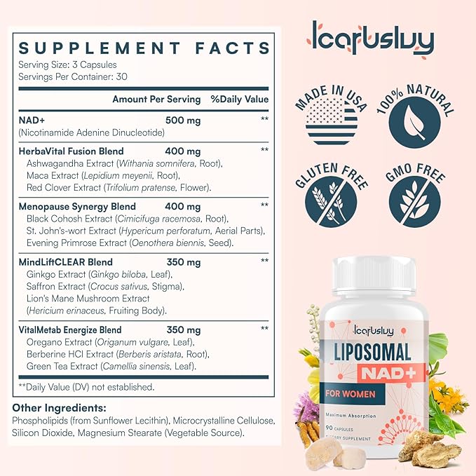2000MG Liposomal NAD+ for Women, NAD+ Supplement, with Ashwagandha, Maca, Black Cohosh & Ginkgo Biloba, Max Absorption, NAD Plus - Menopause, Cognitive Clarity, Energy, Aging Defense, 180 Capsules