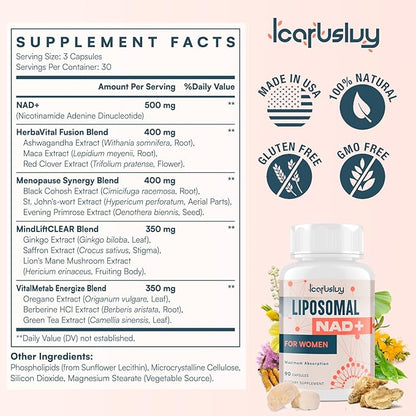 2000MG Liposomal NAD+ for Women, NAD+ Supplement, with Ashwagandha, Maca, Black Cohosh & Ginkgo Biloba, Max Absorption, NAD Plus - Menopause, Cognitive Clarity, Energy, Aging Defense, 180 Capsules