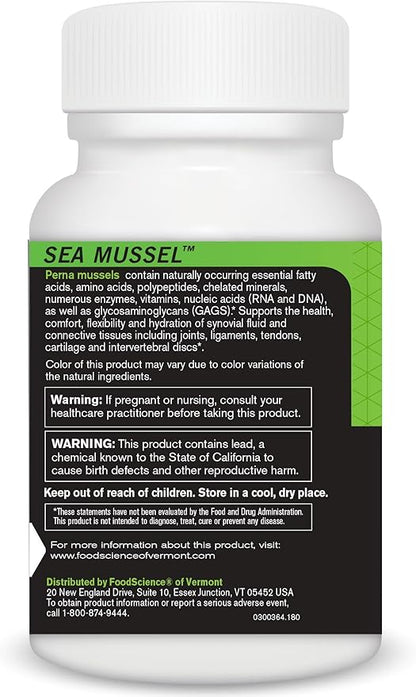 FoodScience of Vermont Sea Mussel, Green-Lipped Mussel Joint Supplement Capsules, 180 Count