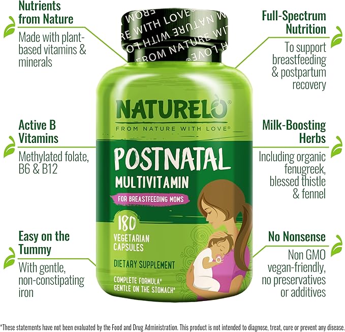 NATURELO Postnatal Multivitamin - Supplement for Breastfeeding Women - Plant-Based Vitamin D, Folate, Gentle Iron - for Nursing Mother, Baby - Post Natal Lactation Support 180 Capsules