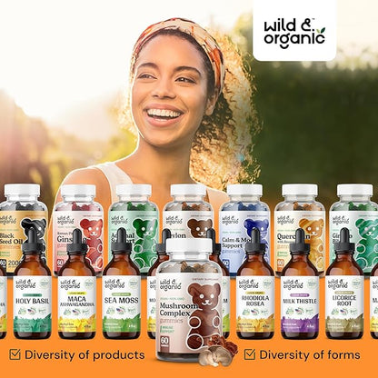 Wild & Organic Mushroom Gummies - Lion's Mane, Cordyceps, Turkey Tail, Reishi, Chaga, Maitake - 10-in-1 Complex - Mushroom Supplement Gummies for Immune & Brain Support - 60 Count