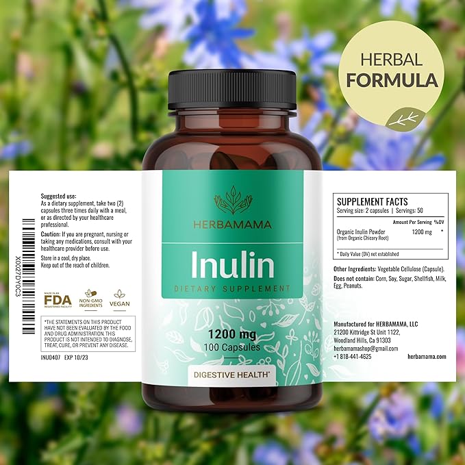 HERBAMAMA Inulin Powder Capsules 1200mg - Digestive Support & Gut Cleanse with Inulin Prebiotic Fiber - Vegan, Non-GMO Chicory Root Powder Supplement, 100 Caps, 16-Day Supply