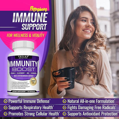 10 in 1 Immunity Boost Immune Support Supplement â€“ 1650mg Made with Elderberry, Vitamin C, Zinc, Echinacea & Probiotics for Immune System Booster, Support Healthy Respiratory System, 2x 60 Capsule