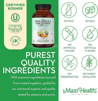 Maxi Health Omega 3 Supplement - Omega-3 Fish Oil Triple Concentrate w/ Vitamin D3 - Potent Source of EPA / DHA Fatty Acids - Heart, Brain, Joint Health - Kosher Wild Caught Marine Fish - 90 Softgels
