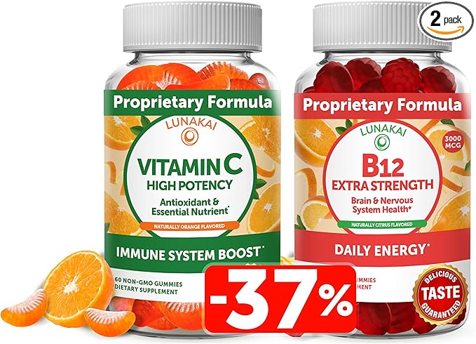 Lunakai Vitamin C and Vitamin B12 3000 mcg Gummies Bundle for Adults - Organic VIT C Vegan Chewable Gummy Vitamins - Energy Support and Bone Health