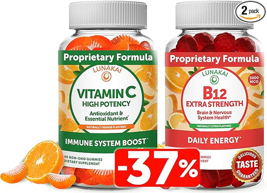 Lunakai Vitamin C and Vitamin B12 3000 mcg Gummies Bundle for Adults - Organic VIT C Vegan Chewable Gummy Vitamins - Energy Support and Bone Health