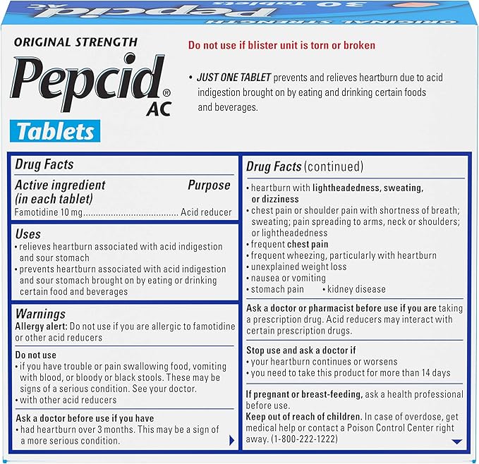 Pepcid AC Original Strength Heartburn Relief Tablets, OTC Medicine Prevents & Relieves Heartburn Due to Acid Indigestion & Sour Stomach, 10mg Famotidine Acid Reducer, Fast-Acting, 30 ct