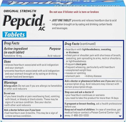 Pepcid AC Original Strength Heartburn Relief Tablets, OTC Medicine Prevents & Relieves Heartburn Due to Acid Indigestion & Sour Stomach, 10mg Famotidine Acid Reducer, Fast-Acting, 30 ct