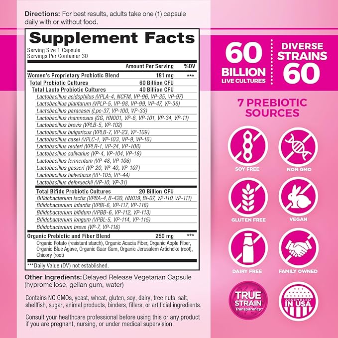 Vital Planet - Vital Flora Women’s Daily Probiotic 60 Billion CFU, 60 Diverse Strains, 7 Organic Prebiotics, Vaginal and Immune Support, Bloating, Digestive Health Probiotics for Women 30 Capsules