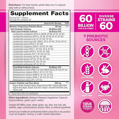 Vital Planet - Vital Flora Women’s Daily Probiotic 60 Billion CFU, 60 Diverse Strains, 7 Organic Prebiotics, Vaginal and Immune Support, Bloating, Digestive Health Probiotics for Women 30 Capsules