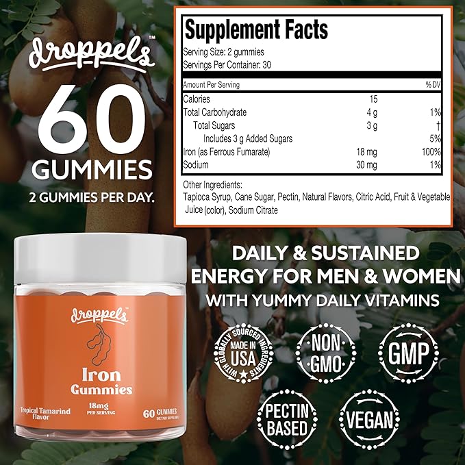 Droppels Iron Gummies, 18mg – Plant-Based, Vegan Iron Supplement for Women and Men | Pectin-Based Iron Vitamin | 60 Count, Tropical Tamarind Flavor (1-Month Supply)