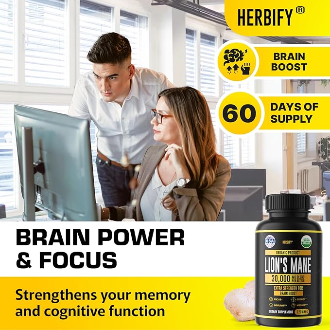Lions Mane Supplement - Daily Mushroom Supplement for Memory, Focus & Clarity - Brain Booster - Lions Mane Capsules for Natural Immune Support - Vegan, Organic - 120 Capsules