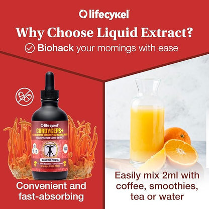 Lifecykel Cordyceps Mushroom Extract w/Kakadu Plum- Natural Energy Supplement for Fatigue & Stamina- Mycelium Vitamin C Antioxidants Non-GMO Organic Mushrooms Made in US, 2 Fl oz (Packaging May Vary)