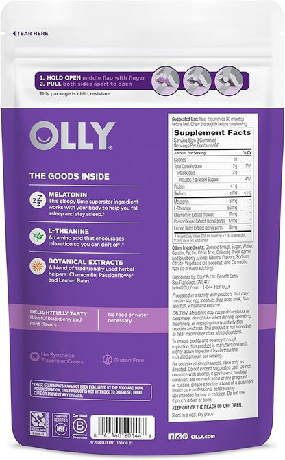 Olly Sleep Gummy, 3 mg Melatonin, L-Theanine, Chamomile, and Lemon Balm Extracts, BlackBerry Flavor, 60 Day Supply - 120 Count