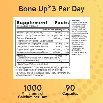 Jarrow Formulas BoneUp Three Per Day for Bone Density and Skeletal Nutrition, Includes Vitamin D3, K2 (as MK-7) and Calcium, 90 Capsules, 30 Day Supply