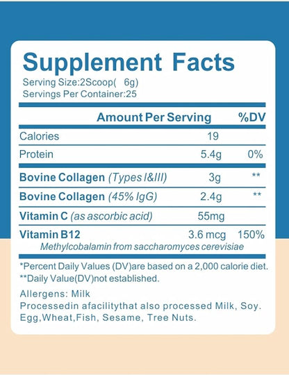 Bovine Colostrum Powder with Collagen Peptides Powder, Nourishes Hair, Skins, Bones, Cartilage, Body Systems, 45% IgG Supplements Mixed Collagen Protein Unflavored(Bovine Colostrum 150g)