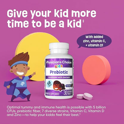 Physician's CHOICE Probiotics for Kids - 7 Diverse Strains, Organic Prebiotics, Vitamins & Minerals - Clinically Studied L. Rhamnosus - Immune & Digestive Support - No Sugar or Artificial Dyes - 60ct