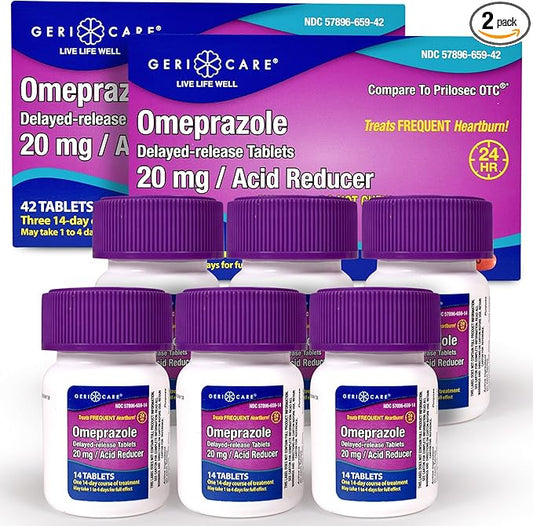 GeriCare Omeprazole Delayed Release Tablets 20mg Stomach Acid Reducer Pills for 24 Hour Heartburn Relief- Acid Reflux Medicine to Treat Frequent Heartburn- Anti-Acid Relief Tablets 42 Count (2 Pack)