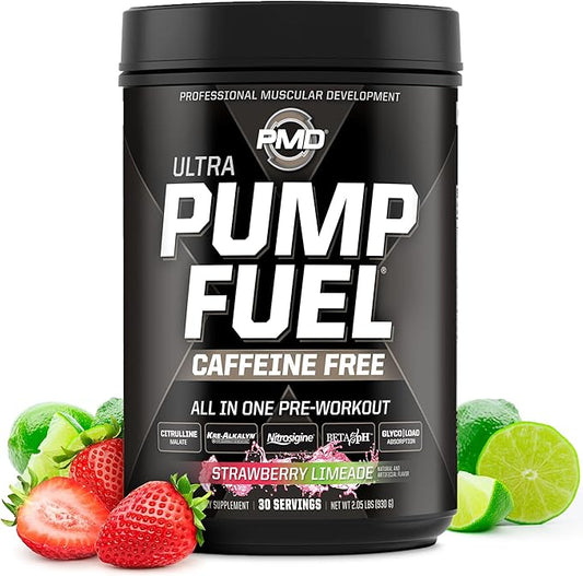 PMD Sports Ultra Pump Fuel Caffeine Free - Pre Workout Drink Mix - Energy, Strength, Endurance, Recovery Complex Carbohydrates and Amino Energy - Strawberry Limeade (30 Servings)