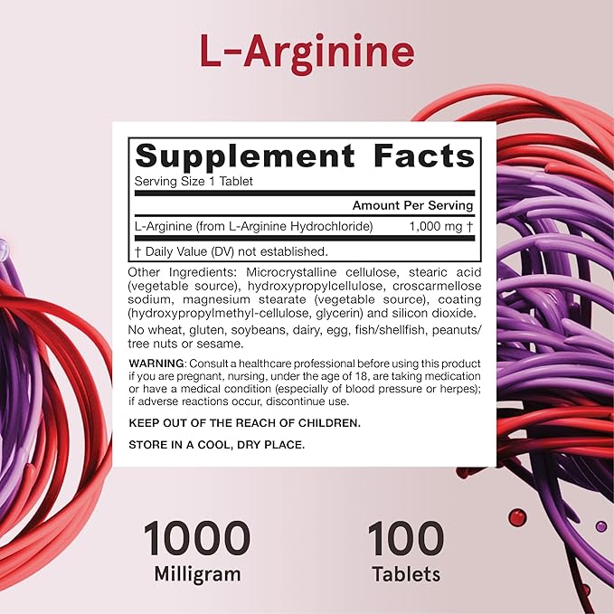 Jarrow Formulas Arginine 1000 mg, Dietary Supplement, Supports Nitric Oxide Production, Supports Protein Synthesis, 100 Tablets, Up to 100 Day Supply